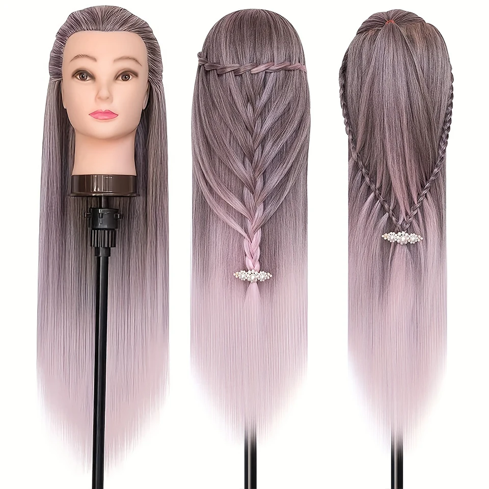 28" Mannequin Head Hair Styling Training Braiding Manikin Cosmetology Synthetic Hair For Hairdresser Free Clamp Hold