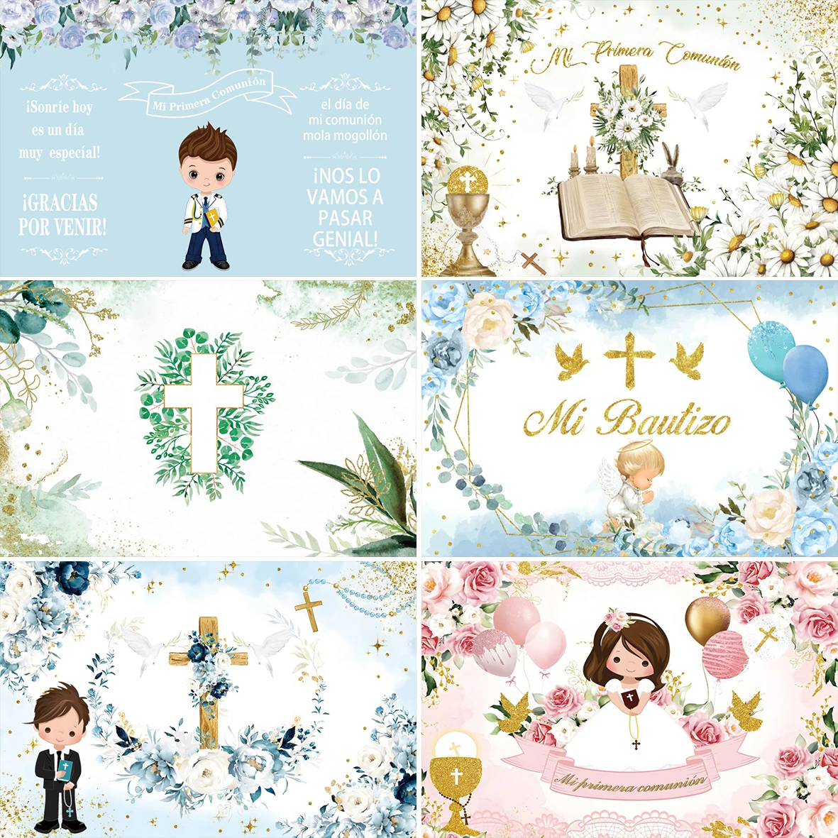 Boy Girl Baptism Background Newborn Christening First Holy Communion God Bless Photography Backdrop Boho Flower Gold Cross Decor photo backdrop