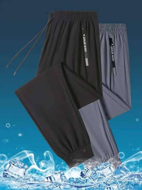 Pantalon d'été en soie glacée pour hommes, Style fin, sport, séchage rapide, jambes droites drapées, jambes larges, pantalons longs décontractés pour hommes, nouvelle collection 4