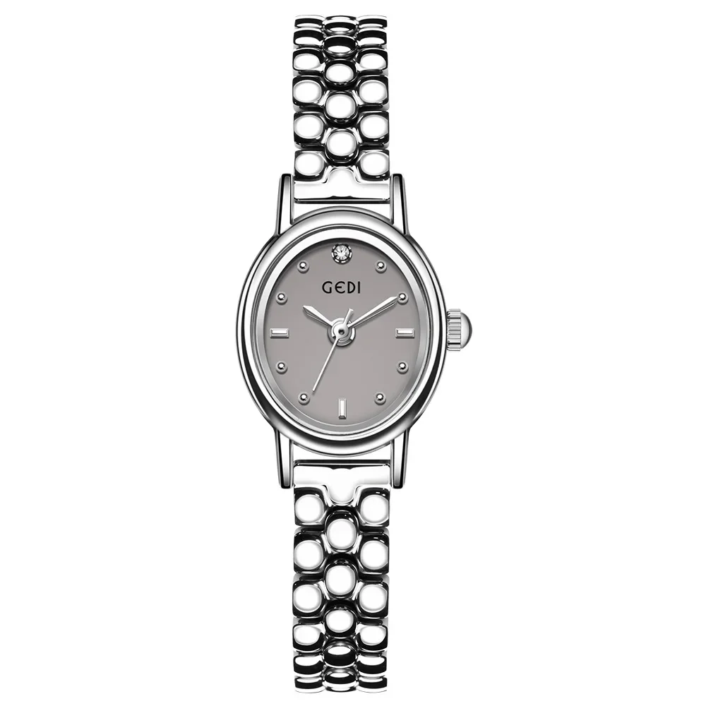 Women's Small Wrist Quartz Watch - Silver, Grey, and Gold Oval Design with Stainless Steel Band