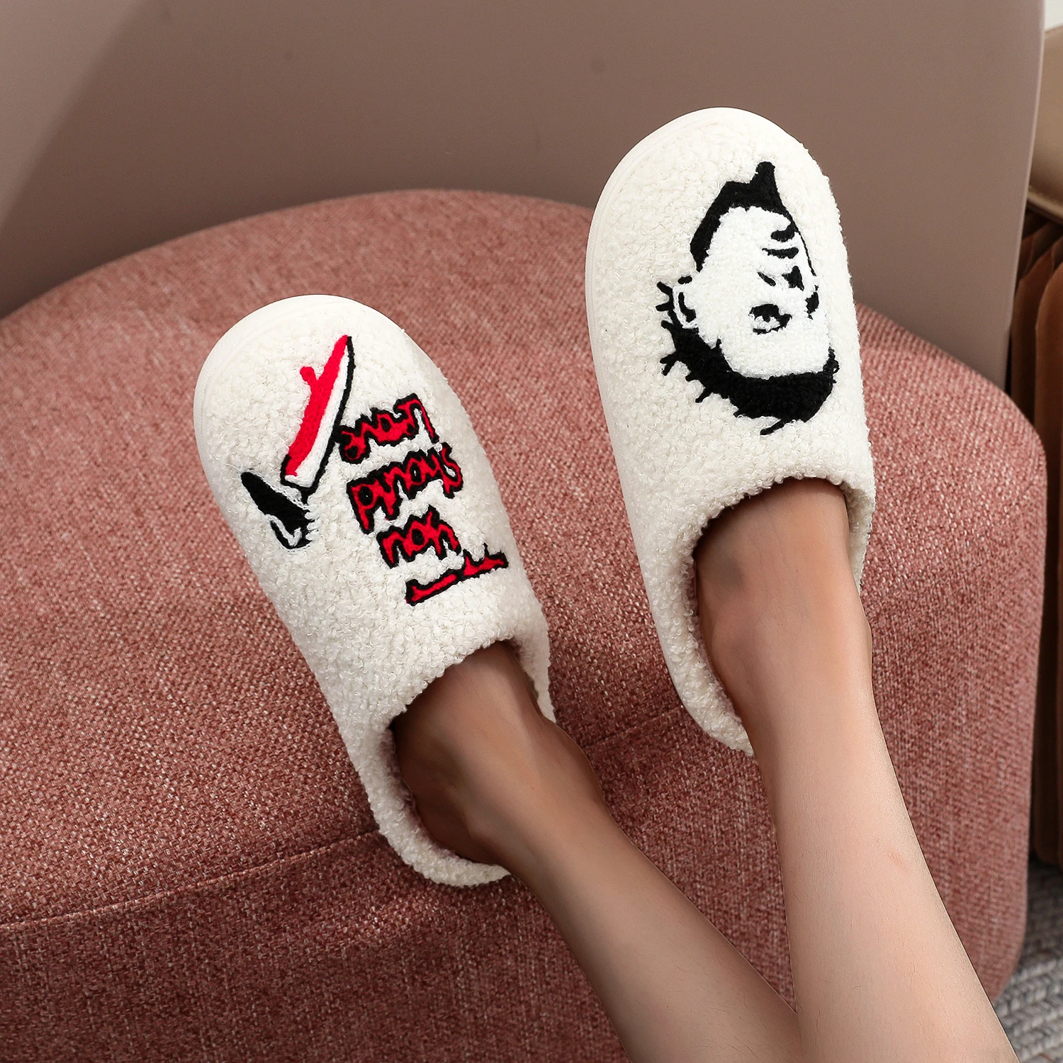 Horror Thriller Movie Michael Myers Halloween Embroidery stuffed Home Thick Sole plaid Furry Cotton Slippers Cute Warm Non-slip Indoor Slippers For Gifts 4