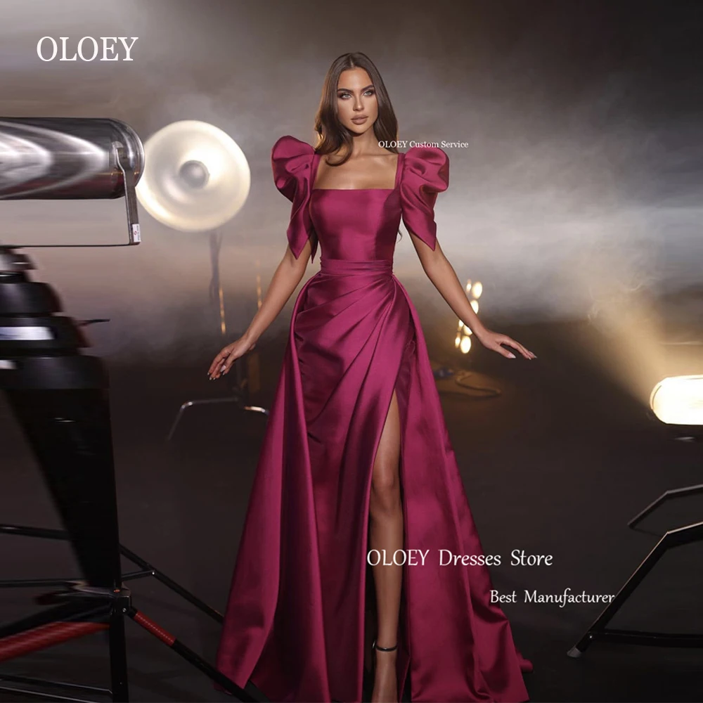 

OLOEY 2023 Fuschia Satin Dubai Arabic Mermaid Evening Dresses With Detachable Train Sleeves Pleats Split Long Formal Prom Gowns