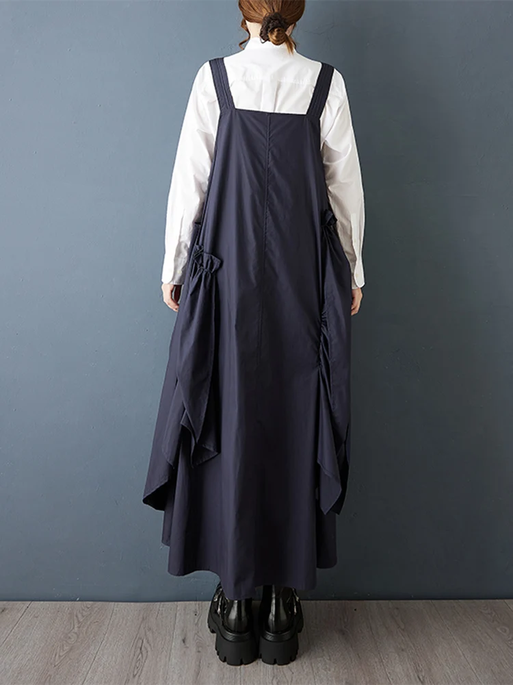 Sleeveless Pleated Black Vintage Straps Dresses For Women New Loose Casual Spring Autumn Dress Robe Elegant Fashion Clothes 2025
