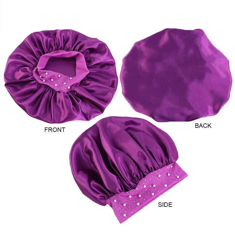 High-quality Silky Bonnet Elastic Wide Band Women Satin Bonnet Beaded Sleeping Cap Adult Night Protection Hair Hat Head Wra 5