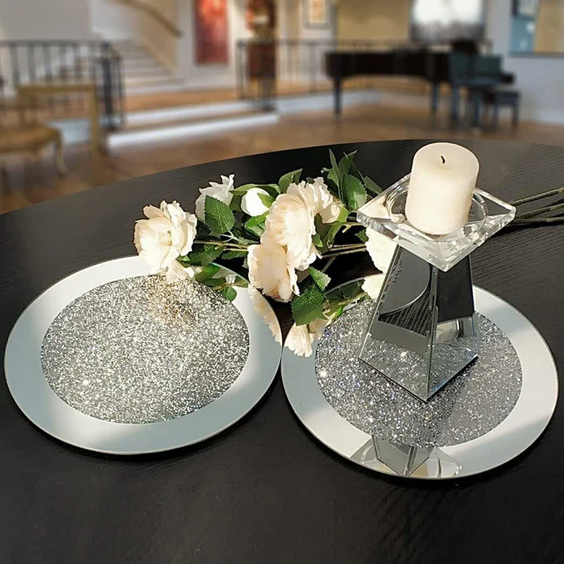 Juego De 4 Posavasos De Cristal Con Efecto Espejo - Cuadrados Con Brillo De Diamante Triturado, Plateados