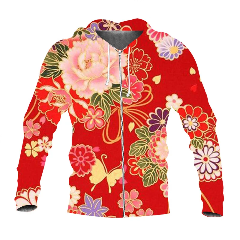 

2024 New 3D Northeast China Flower Printing Zip Up Hoodies For Men Happy Chinese Dragon Year Fashion Cool Zip Up Hoodie Clothing