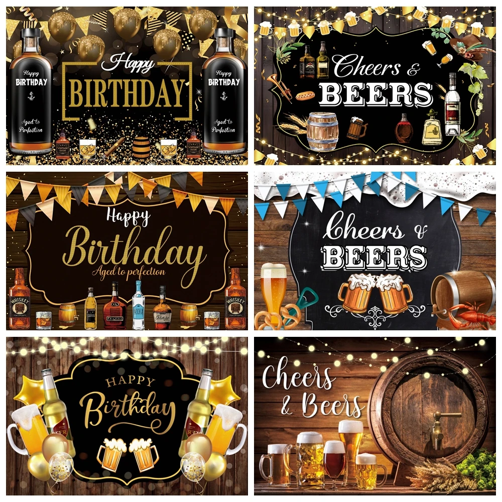 

Cheers Beer Happy Birthday Photography Backdrop Gold Glitter Balloon Wine Wooden Board Party Decor Background Photo Studio Props