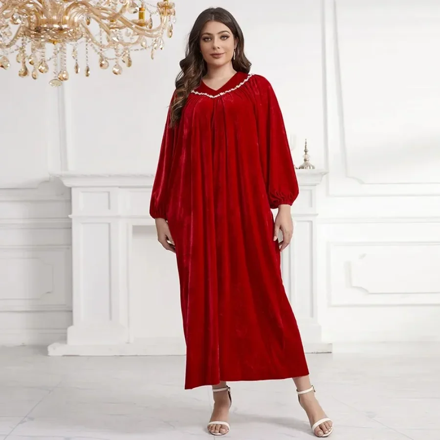 Velvet Abayas for Women Spring 2024 Elegant Muslim Long Sleeve V-neck Plus Size Long Maxi Dress Muslim Fashion Abaya Dubai Abaya