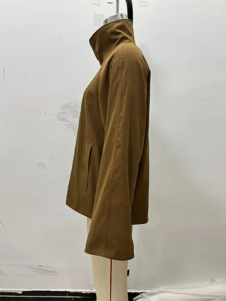 Damen-Trenchcoat mit Stehkragen, wendbar, Bombermäntel, Herbst 2022, volle Ärmel, einreihig, kurze Windjacke, neue Oberbekleidung – Detail 4