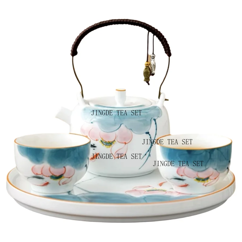 Ceramic hand-painted fish play lotus tea cup tea pot set one pot two cups handle pot, Kung Fu set with tea tray