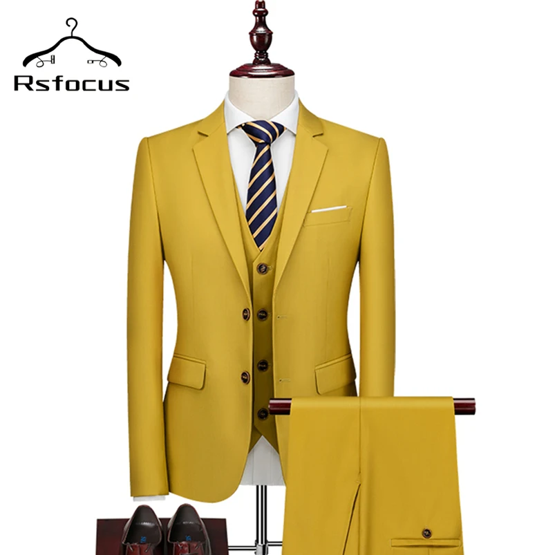 Rsfocus Dark Yellow Men Suit 3pcs Latest Coat Pant Designs Wedding