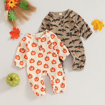 Baby Jumpsuit Long Sleeve Crew Neck Pumpkin Bat Print Newborn Romper Halloween Baby Clothes for Girls Boys 1