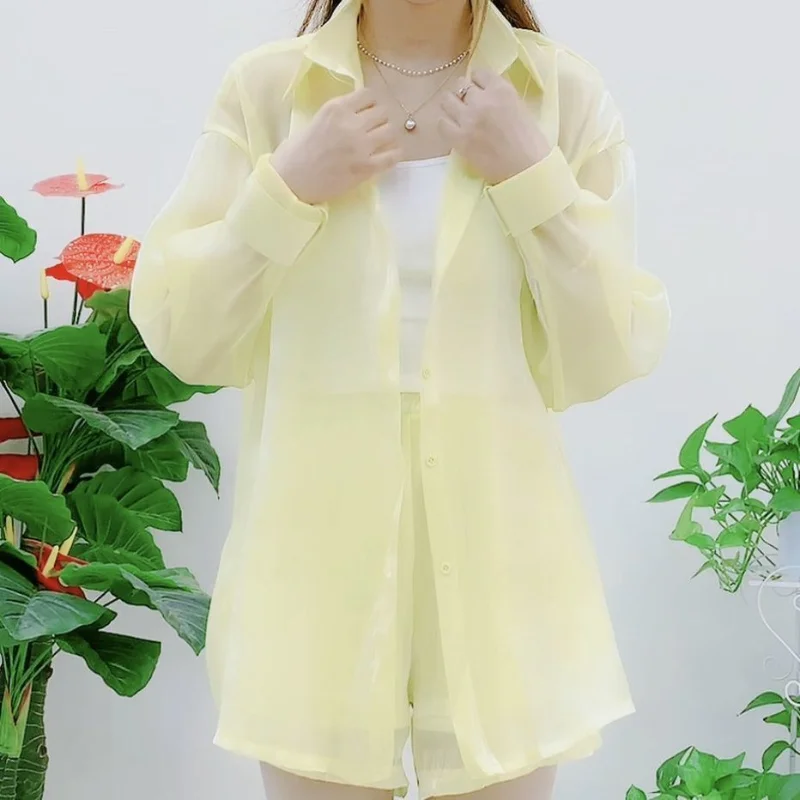 2023 Summer Fashion Minimalist Thin Long Sleeved Sun Protection Loose Casual Vacation Solid Color Cardigan Worn Oversize Shirt