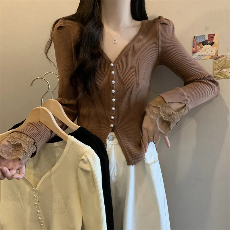 Women Long Sleeve Lace Knitted Sweater Autumn Spring Cardigan