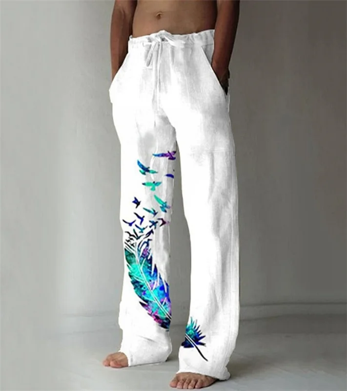 

Men's Cotton Linen Pants Summer Solid Color Feather Print Breathable Linen Trousers Male Casual Loose Drawstring Wide Leg Pants