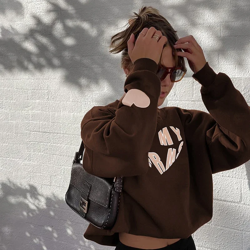 Harajuku Heart Shape Printed Oversize Sweatshirt Casual Loose Streetwear Long Sleeve O-Neck Top Y2k Women  Fashion Winter