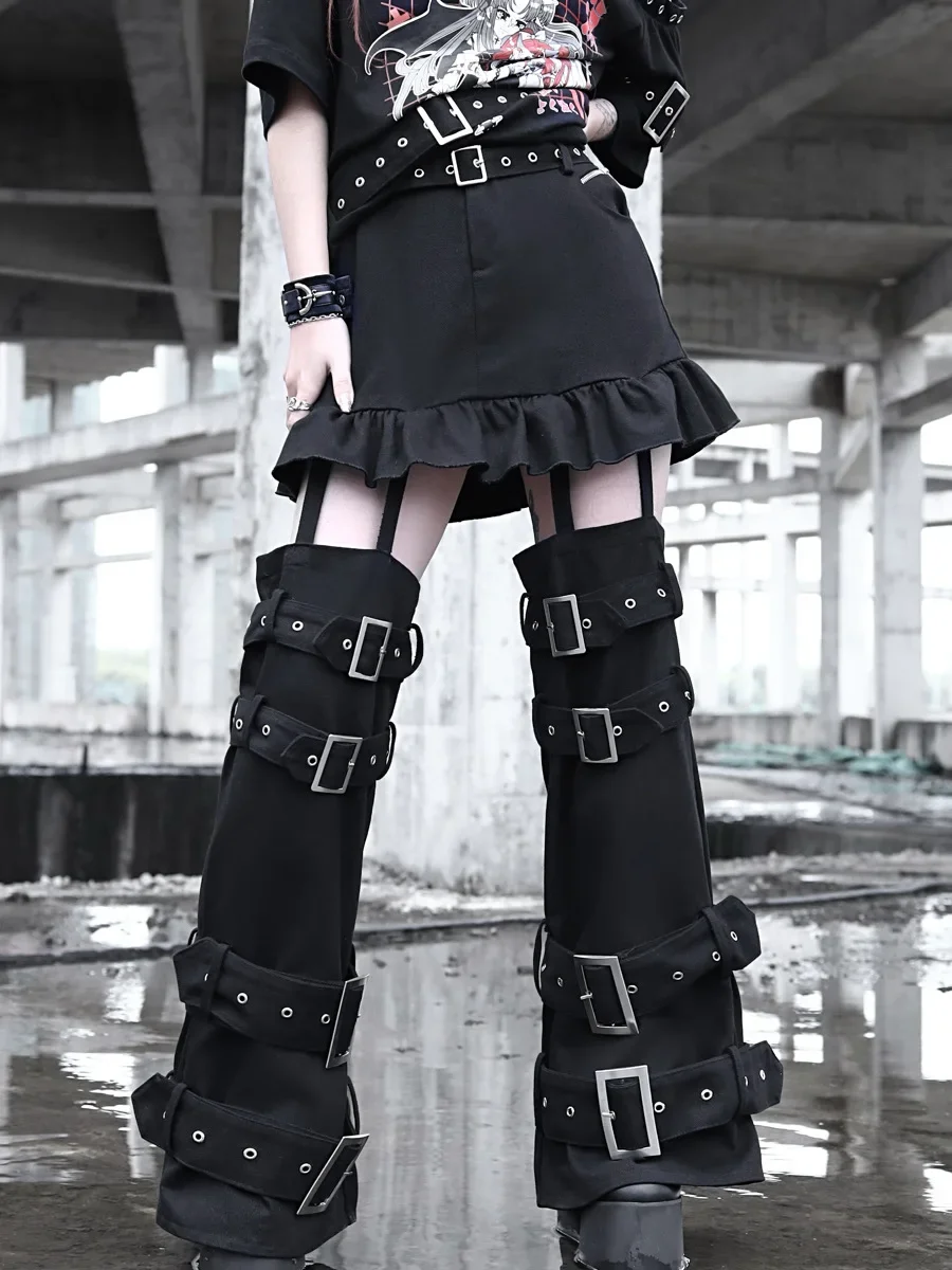 

New Summer Streetwear Harajuku Punk Gothic Hot Girl Black Stitching Fashion Breasted Detachable Fake Two-piece Skirt Pants