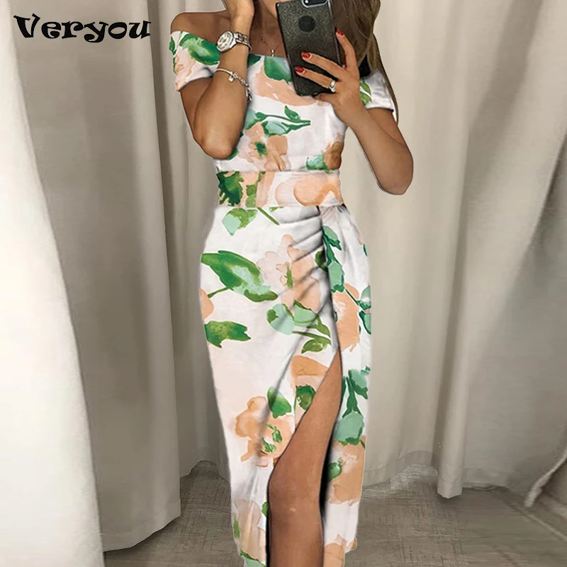 

New Elegant Print Spring Dresses For Women Off Shoulder Short Sleeve Party Dress Women Summer Sexy Midi Dress 2023