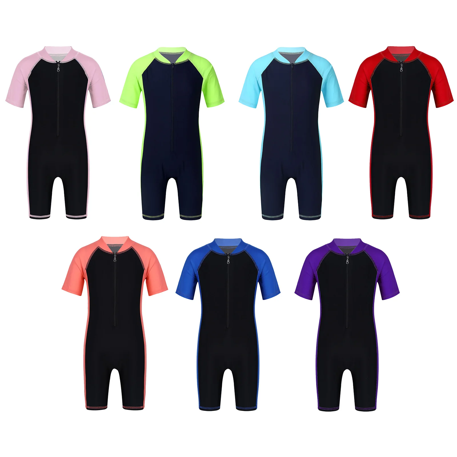 Unisex Girls Boys Short Sleeves Zippered Swimming Costume Swimsuit Kids One-Piece Swimwear for Surfing Bathing Beachwear