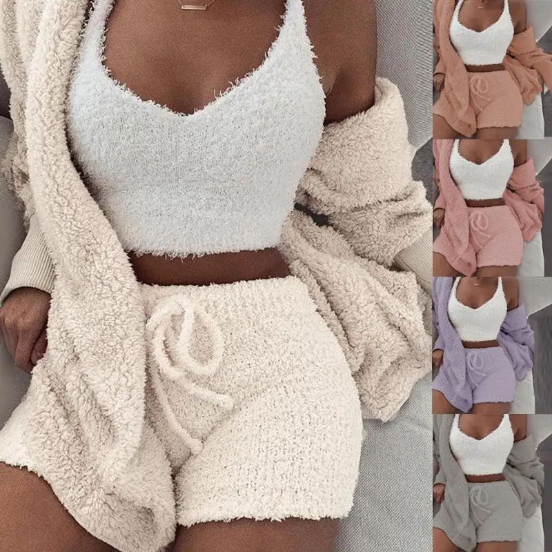 co ord sets women Three Piece Sexy Fluffy Outfits Plush Velvet Hooded Cardigan Coat+Shorts+Crop Top Women Tracksuit Sets Casual Sports Sweatshirt shorts co ord