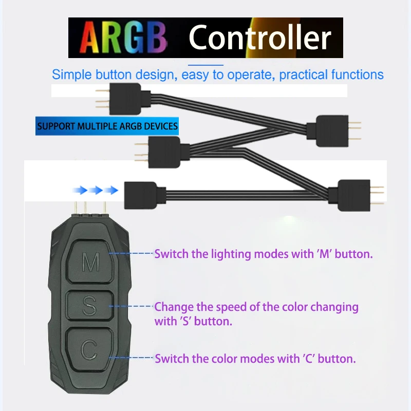 5V 3핀 ARGB 컨트롤러 - SATA 전원 공급 장치 컴퓨터 케이스용 미니 RGB 컨트롤러 ARGB 팬, 쿨러, LED 스트립 등