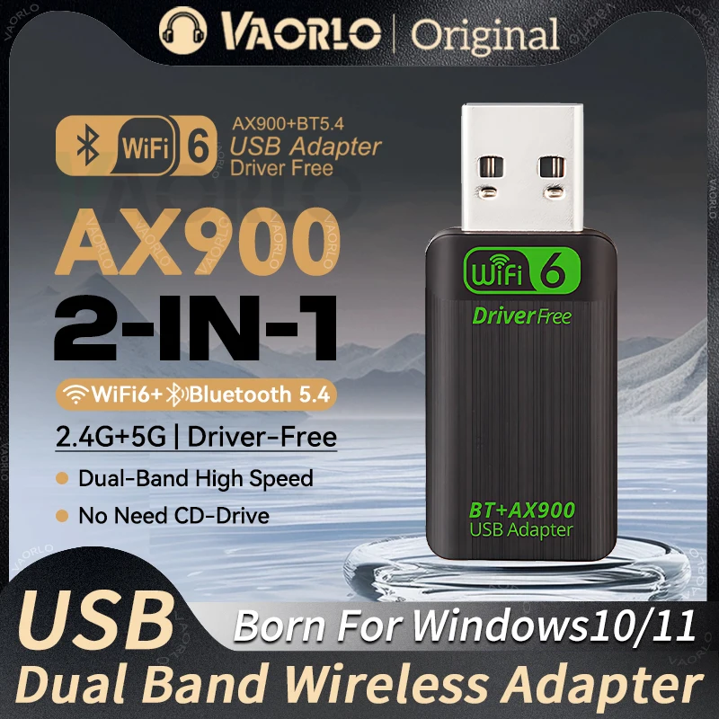 VAORLO AX900 USB WiFi6 Bluetooth 5.4 Adapter 2in1 Dongle Dual Band 2.4G&5G WiFi Network Card Wireless Receiver For Win10/11 DRIVER FREE