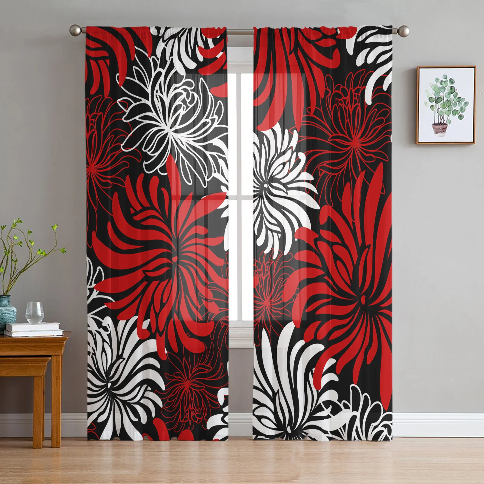 

Red Black White Flower Chrysanthemum Sheer Curtains for Living Room Decoration Window Curtain Kitchen Tulle Voile Organza Drapes