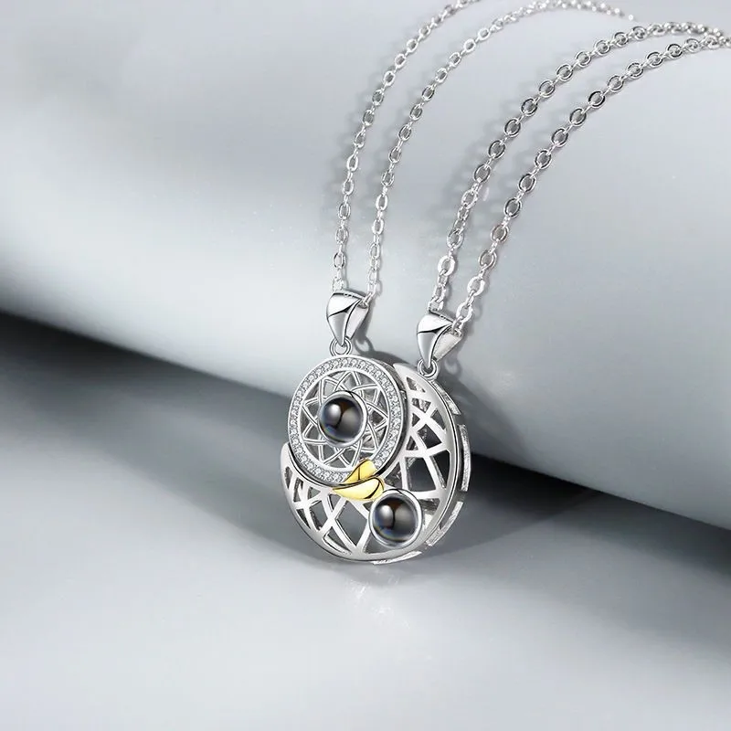 2PCS Custom Photo Projection Necklace Sun And Moon Personalized Magnetic Couple Matching Necklaces For Women Men Jewelry Gift