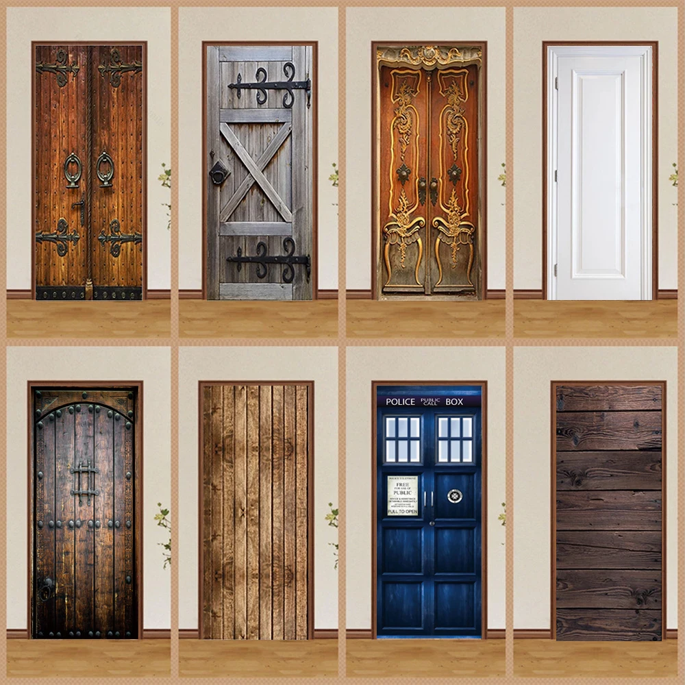 

Retro Self Adhesive Door Stickers Vintage Wooden Waterproof for Bedroom Wood Grain 3D Wallpaper Home Room Decor Mural Poster
