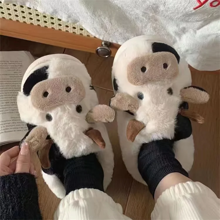 Animal Slipper For Women Cute Cartoon Milk Cow Indoor Slippers Fluffy Winter Warm Slippers Woman Funny Shoes