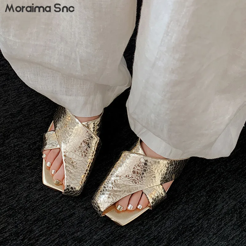 Full Leather Half-Open Toe Slippers Summer Square Head Low Heel Sandals Solid Color Hollow Fashion Women's Sandals