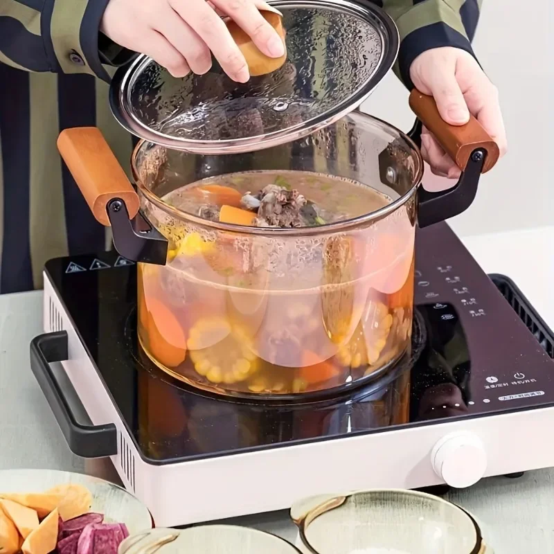 Borosilicate Glass Stockpot With Wooden Handles Kitchen Utensil For Cooking Baking For Hotel/Commercial