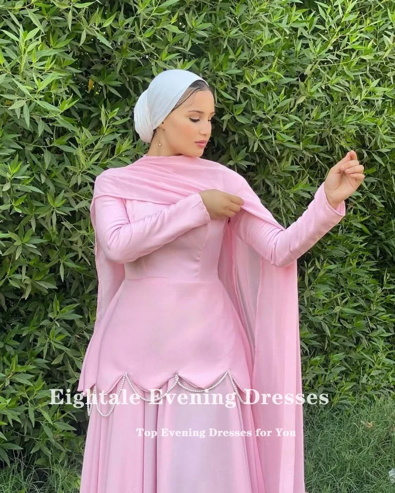 Eightale Arabic Evening Dresses Pink Long Sleeves Mermaid Satin Pearls A-Line Muslim Customized Prom Party Gowns for Wedding 6