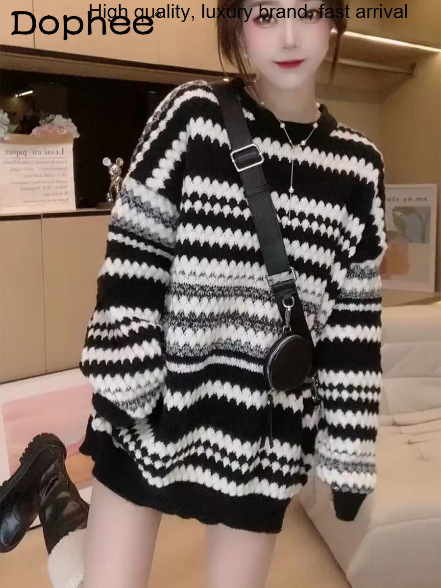 

Vintage Stripe Idle Women Autumn and Winter 2023 New Korean Style Loose Pullover Design Sense Knitted Sweater Top