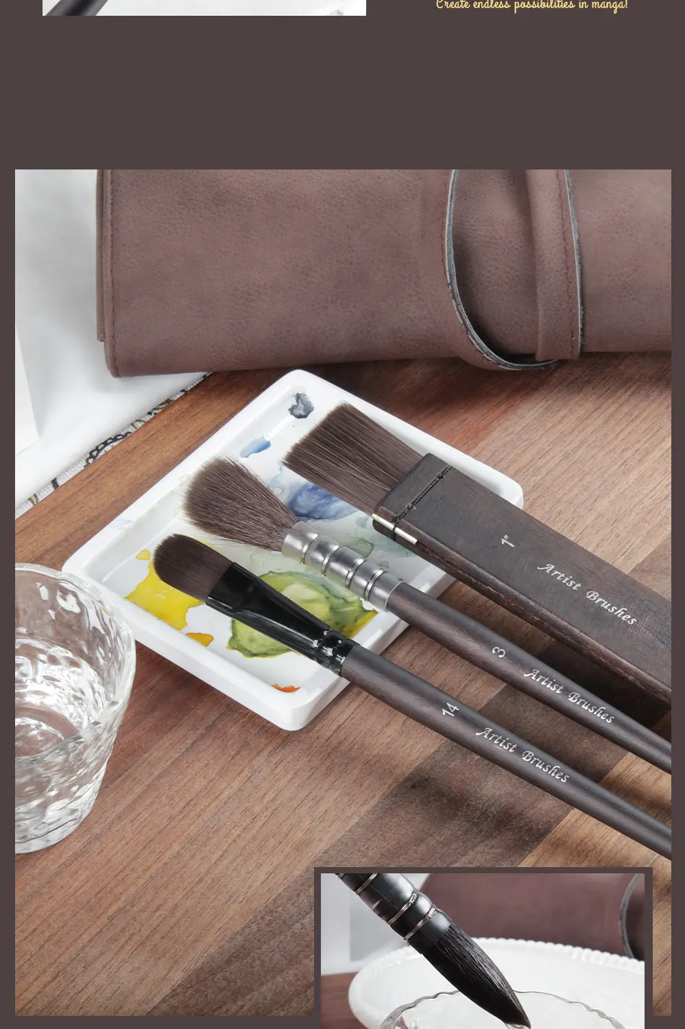 SeamiArt 10 Stück/Set Künstler-Malpinsel mit Nylonhaar und Holzgriff und Leder-Aufbewahrungstasche für Aquarellmalerei, Kunstbedarf – Detail 5