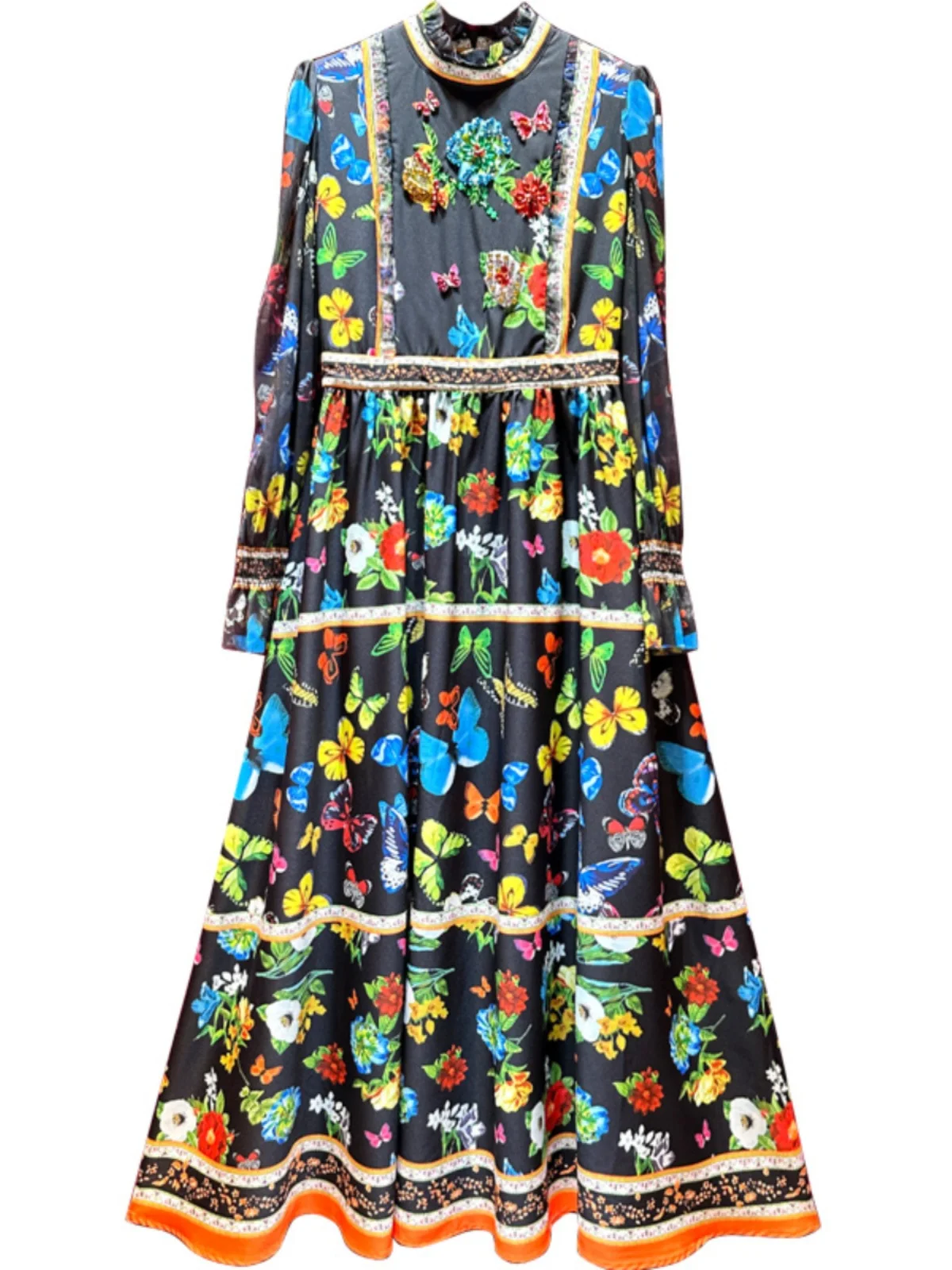 

2024 Women's fashion retro round neck big swing black print beaded dress
