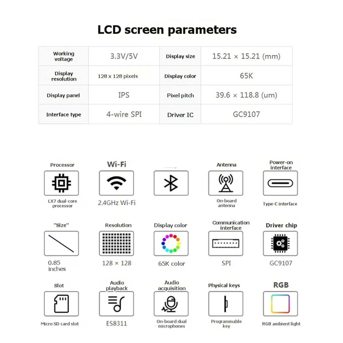 A10R ESP32-S3 0.85인치 LCD 디스플레이 개발 보드 128x128 해상도 온보드 듀얼 마이크 어레이 및 서라운드 RGB LED B