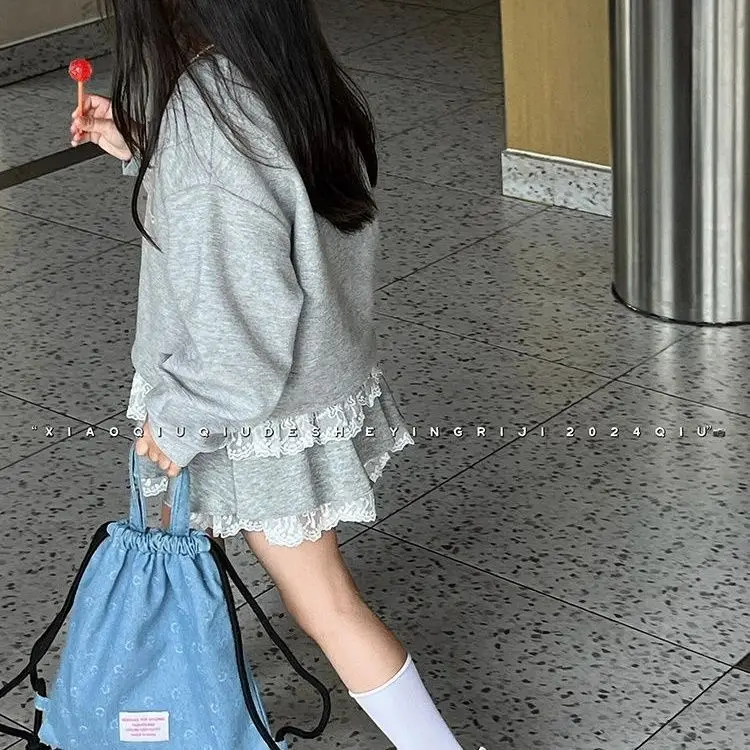 Spring Autumn Korean Kids Girls 2PCS Clothes Set Stylish Bow Sweatshirt Cotton Lace Skirt Suit Childrens Girls Outfits kids clothing set girls clothing set kids sweatshirt set