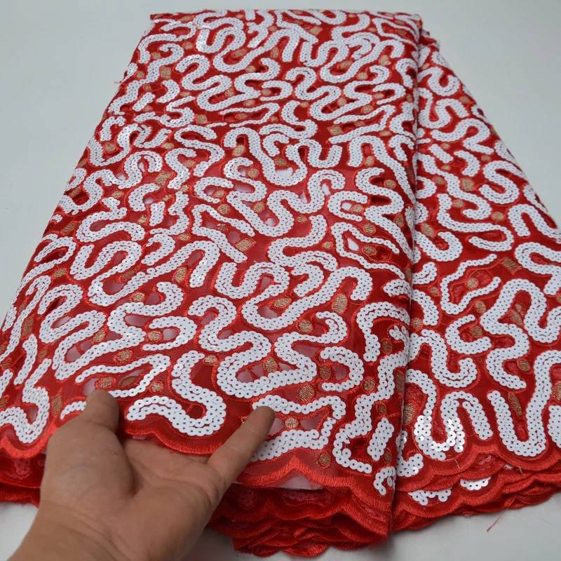 

(5yards/pc) high quality red white sequins embroidered African hand cut organza lace fabric for wedding party dress OP151