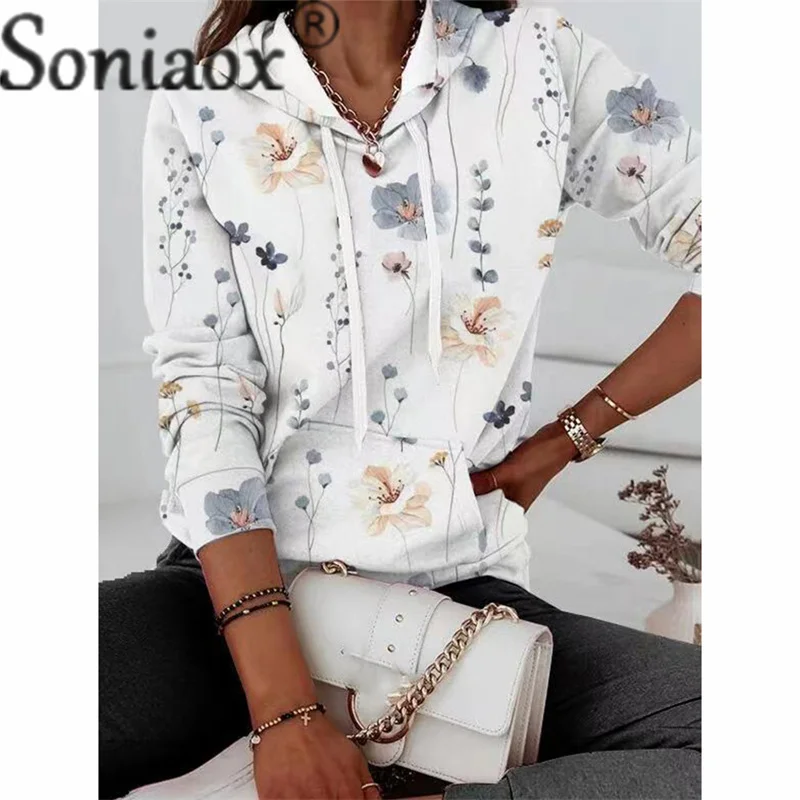 Women's Botanical Flower Print Drawstring Hooded Sweatshirt Kangaroo Pocket Pullover Hoodie Ladies Intellectual Style Outerwear