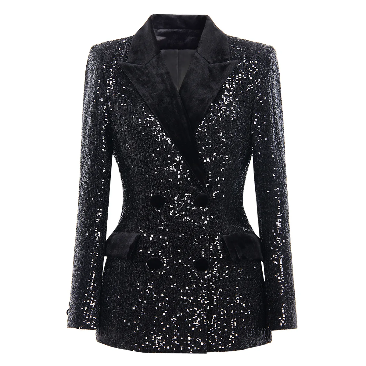 

European and American style heavy industry embroidery sequin velvet collar black mid length suit coat OL commuter top
