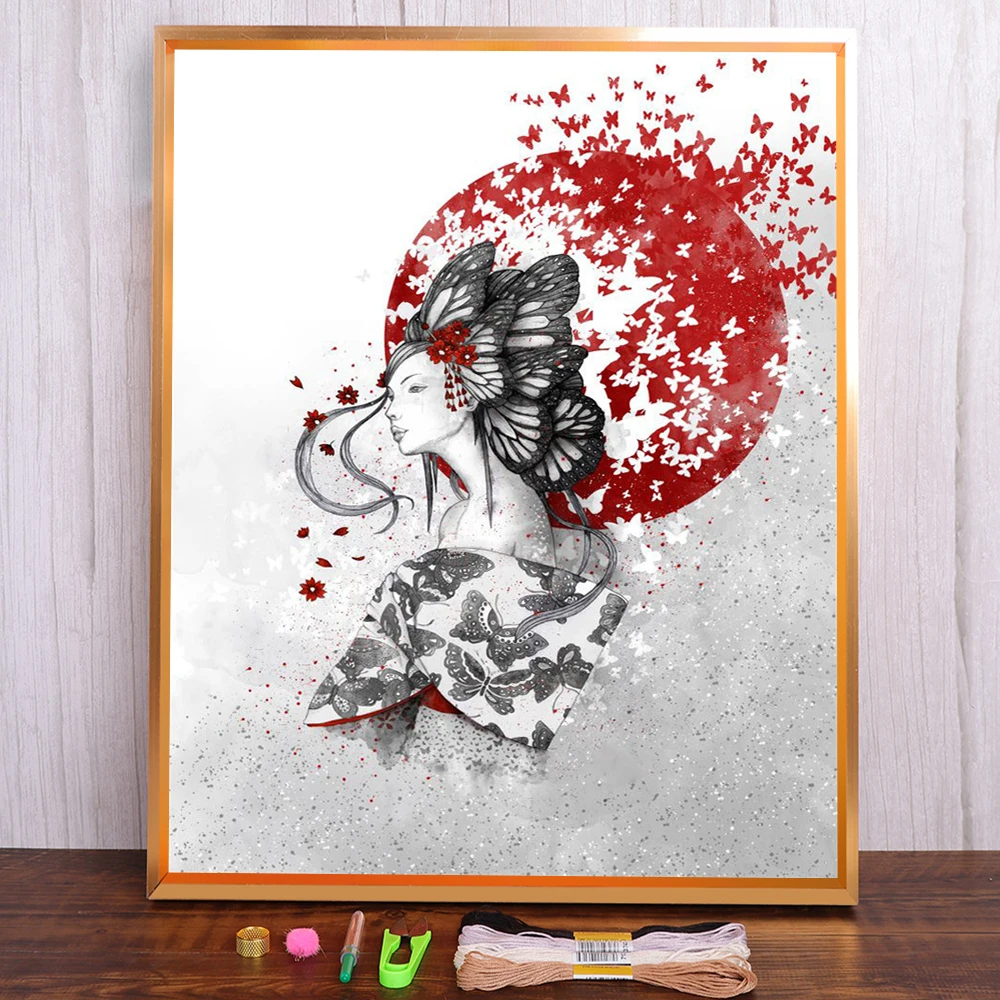 Kit Punto Croce Geisha Giapponese - Ricamo 11CT 40x50cm Per Adulti