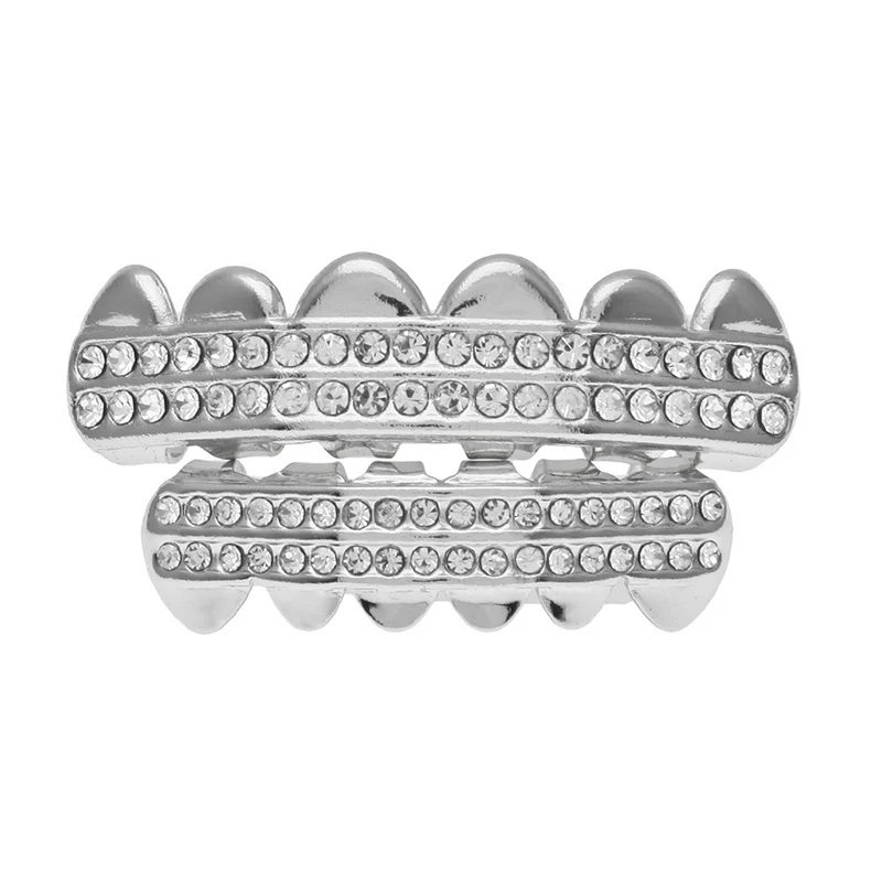 

Gold Plated Hip Hop Teeth Grills Caps Top & Bottom Diamond Grills Removable Teeth Grills for Women Men Gift Halloween Party