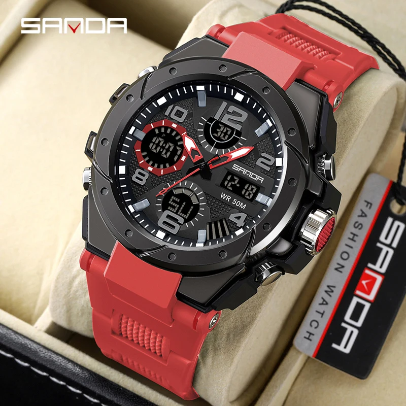 

SANDA 9009 Fashion Sport Men's Digital Quartz LED Silicone Strap Dual Time Watch 5ATM Waterproof Military Wristwatches Relogios