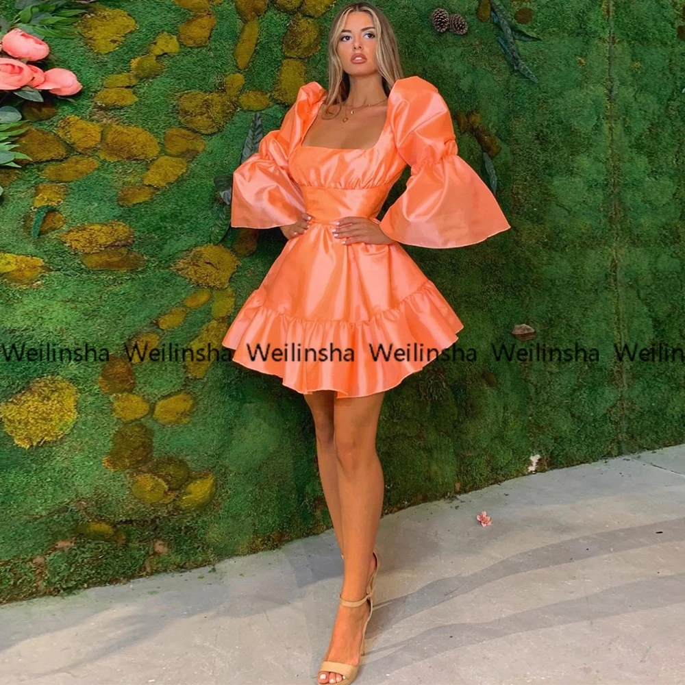 Square Collar Full Sleeve Orange 2024 A Line Cocktail Dresses New Arrived Summer Satin Homecoming Dresses Платья для девочек-цве велосипед детский huffy summer parent handle для девочек