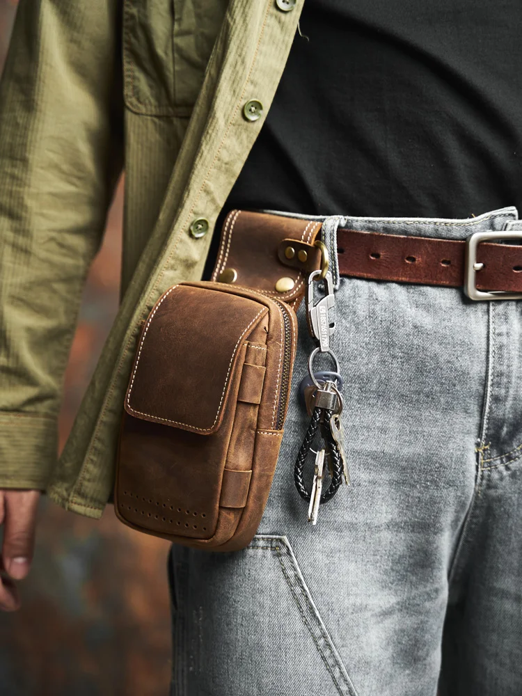 NASVA Herren-Hüfttasche aus echtem Leder, multifunktionale Handytasche, tragbare Gürteltasche mit Schlüssel zum Aufhängen, Schnalle – Detail 4