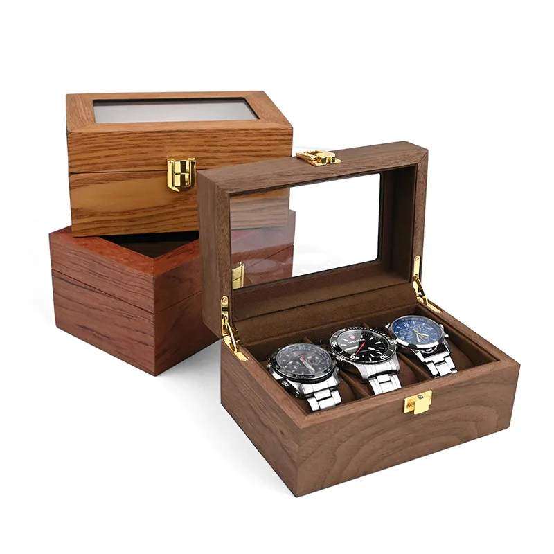 Wood Watch Jewelry Box for Men 3 Slot Watch Box Large Watch Display Case Organizer With Glass Window Top