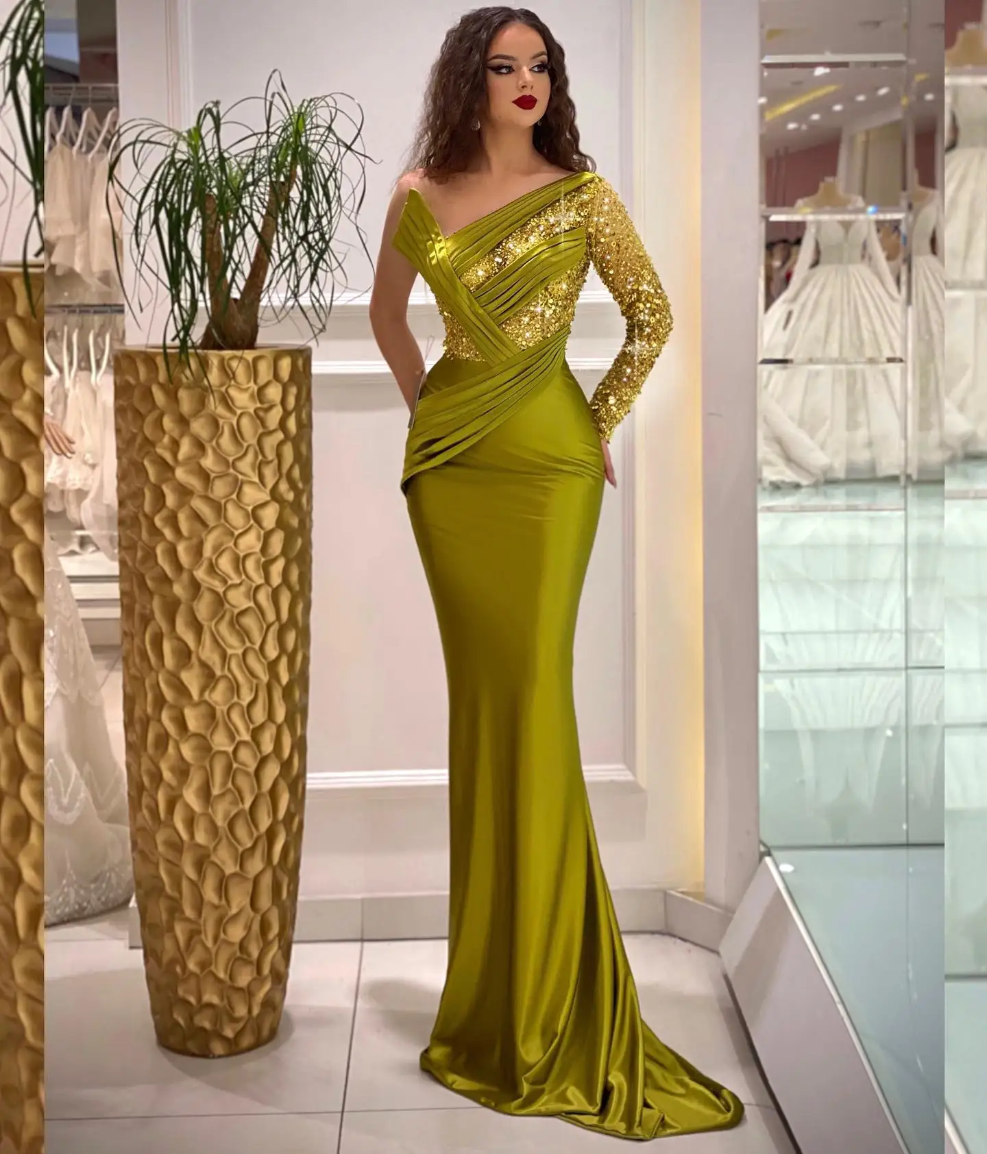 

Sparkly Green Mermaid Prom Dresses Long Sleeve One Shoulder Satin Evening Gowns Formal Dress vestidos de noche