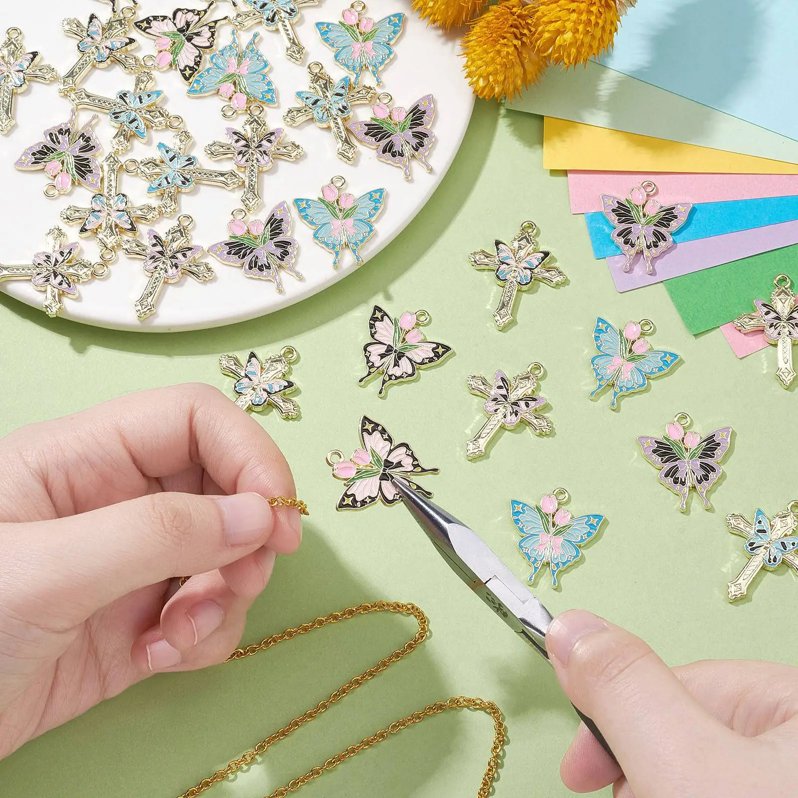 30Pcs 6 Styles Enamel Butterfly Charms Insect Animal Charms Butterfly with Rose Cross Charms for Crafts Jewelry Making DIY