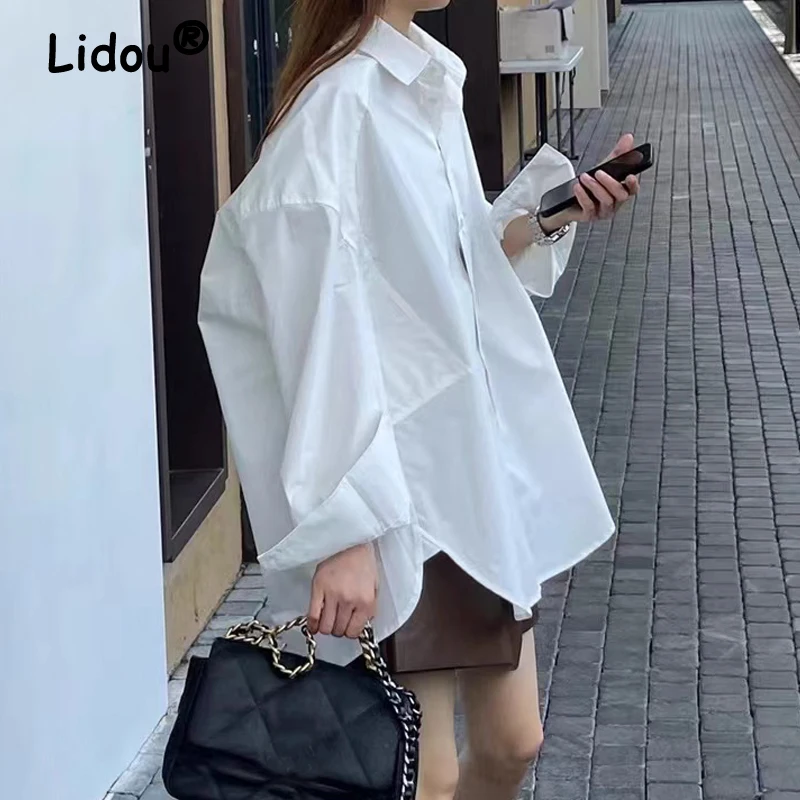 Women's Clothing Trendy Streetwear Oversized White Button Shirt Y2K Simple Casual Irregular Blouse Long Sleeve Chic Tops Blusas